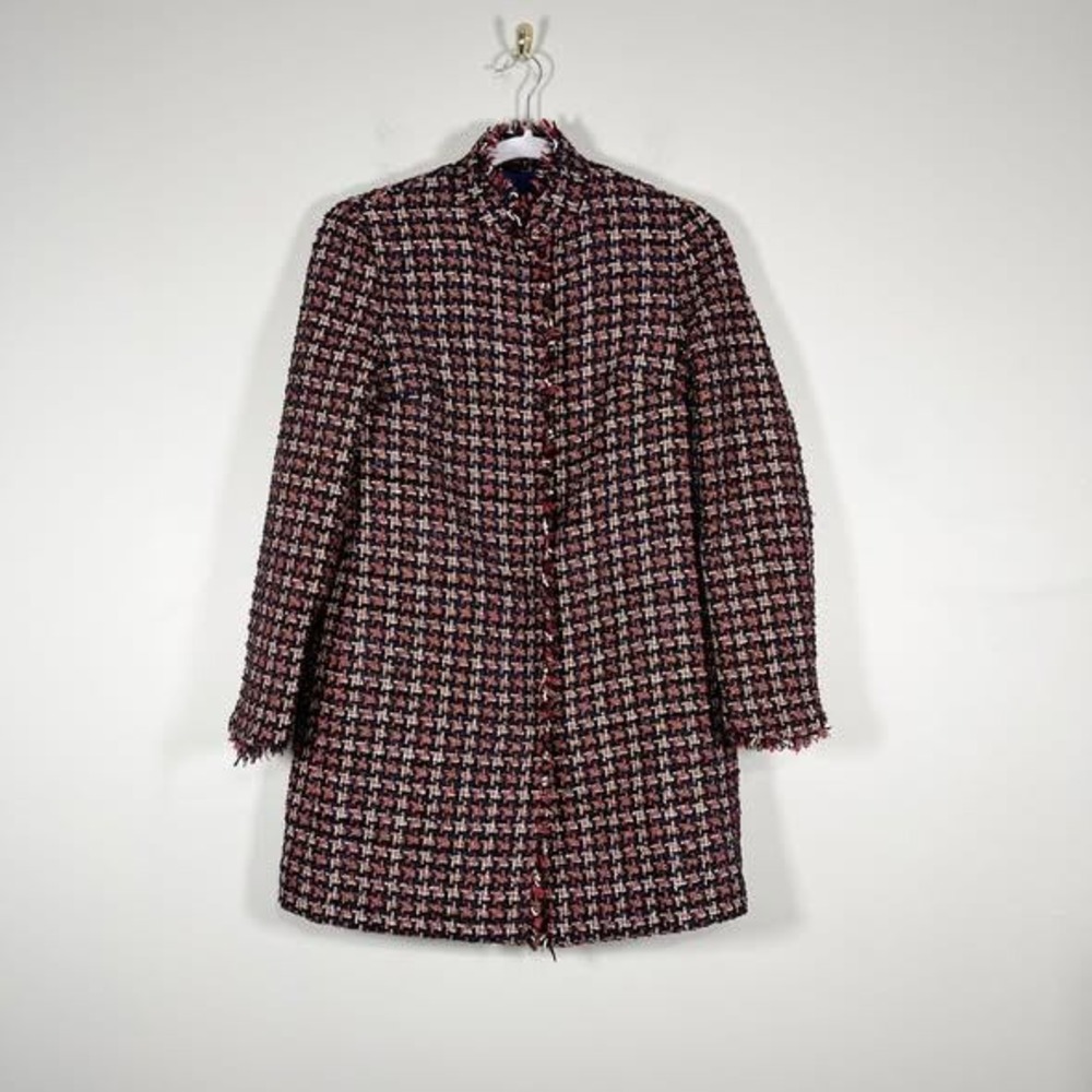 J McLaughlin Walden Tweed Coat Womens XS Houndstooth Gold Blue Red Preppy